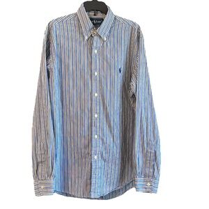 Polo Ralph Lauren Men M  Blue White Yellow Stripe Button Front Custom Fit Shirt